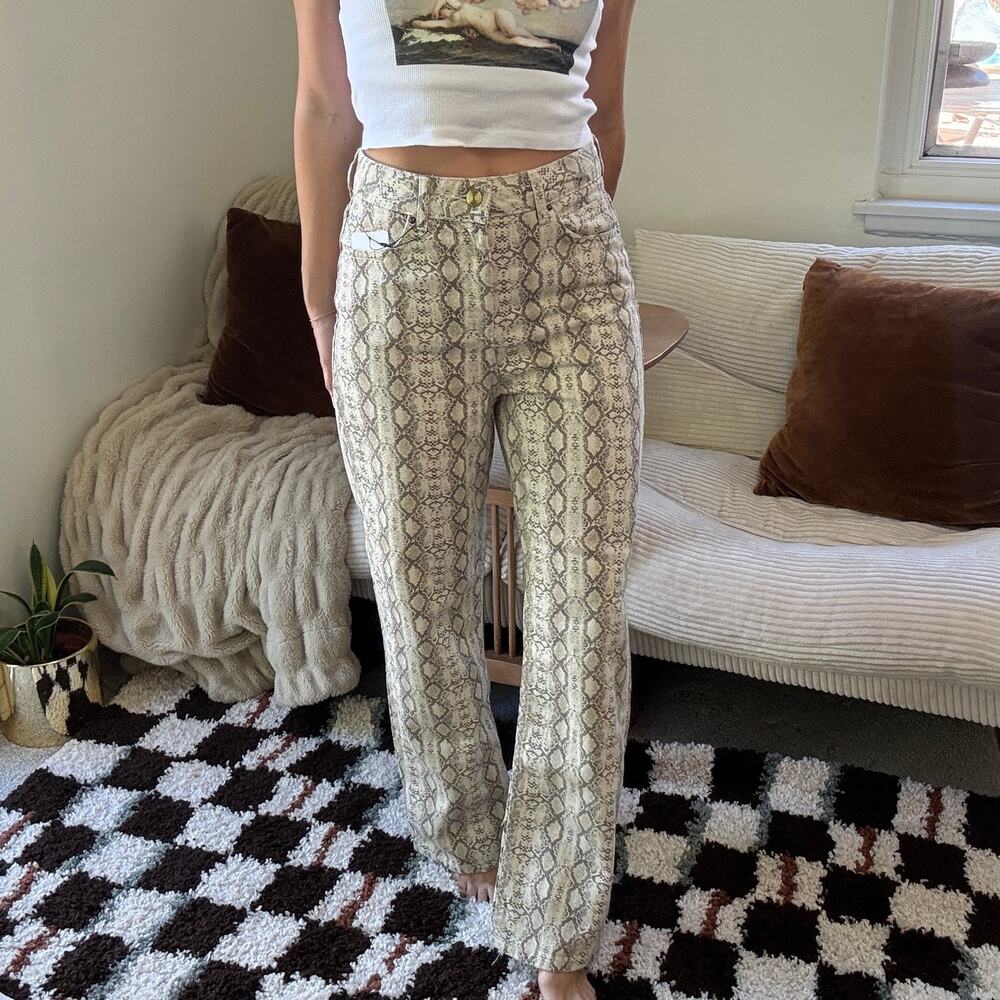 Zara Snake Print Neutral Cream Brown Straight Leg High-rise Pattern Pants Size 4